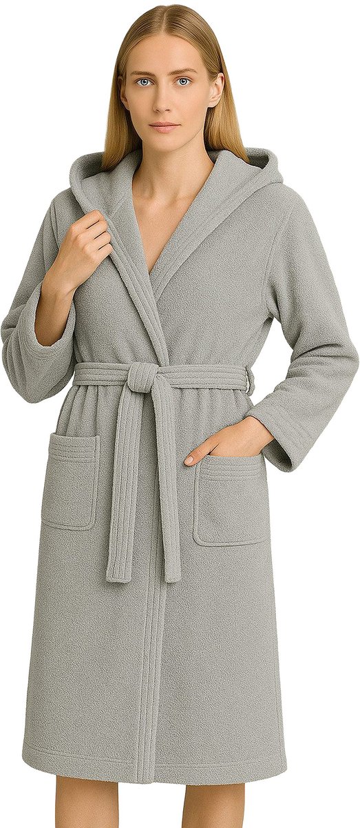 Barbons Badjas Dames - Katoen met Capuchon - Oekotex - Lichtgrijs - XL