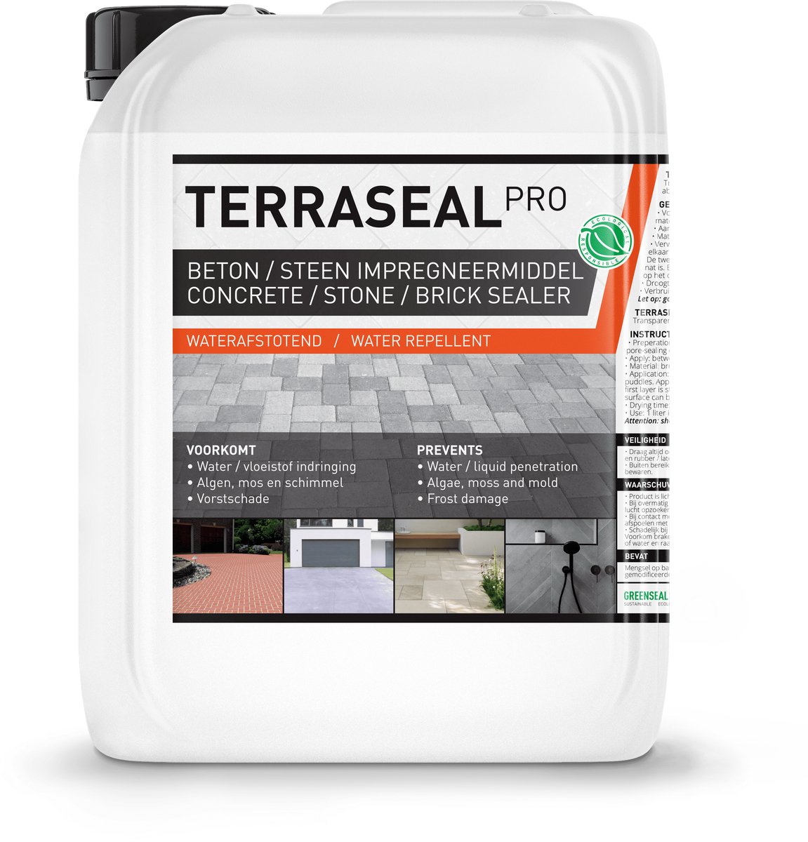 #1 Steen & Beton impregneermiddel - 100% Waterafstotend, Vuilwerend en Transparant - Nano Coating - Impregneren van Tuintegels, Bestrating, Balkon, Terrassen en Voegen waterdicht maken - Terraseal Pro 5L (30m2)