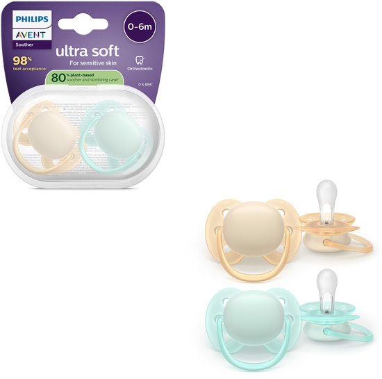 Philips Avent Ultra Soft fopspeen verpakking met één crème en één mintgroene fopspeen.