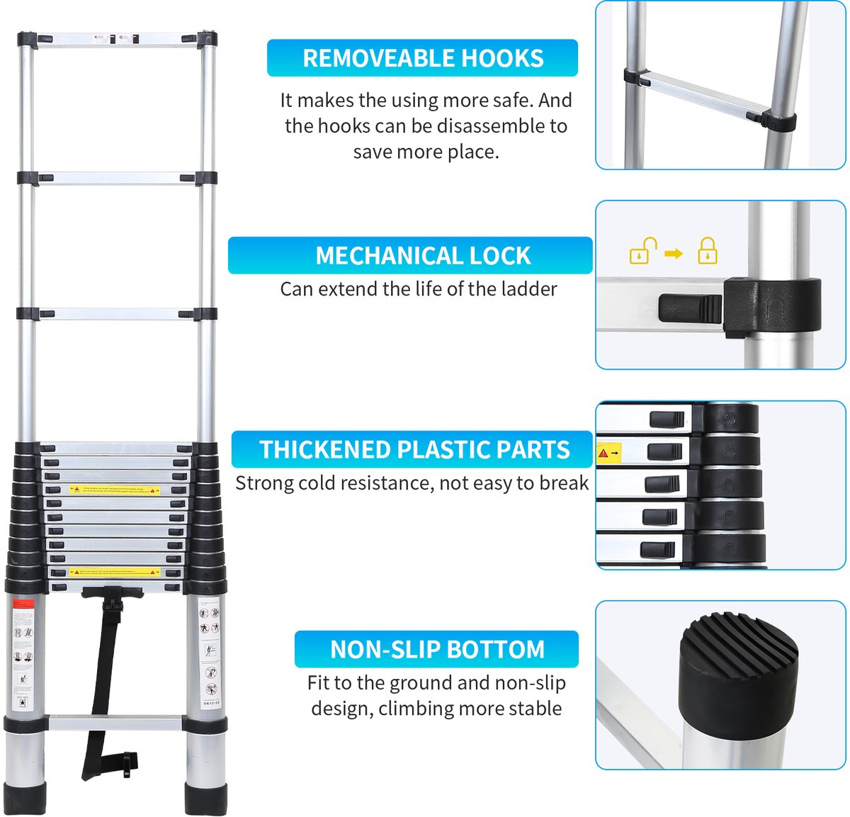 Telescopische Ladder - Telescoopladder - 2,6m zilver + haak, Max. Belasting 150 kg, Compact en Draagbaar met Soft Closing Systeem, Geschikt voor Particulier en Professioneel Gebruik, Telescopische Vouwladder – foto 4