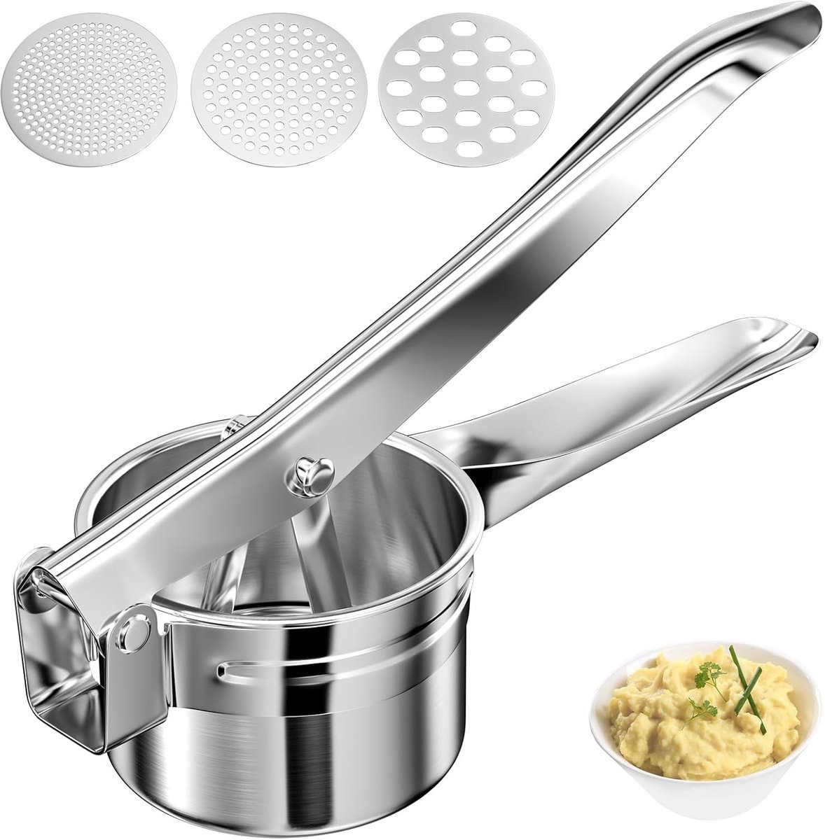 Aardappelpers & Spätzlepers – RVS Pureeknijper met 3 Verwisselbare Schijven – Spaghetti-ijspers, Groente- & Fruitpers, Aardappelstamper – Duurzaam Roestvrijstaal