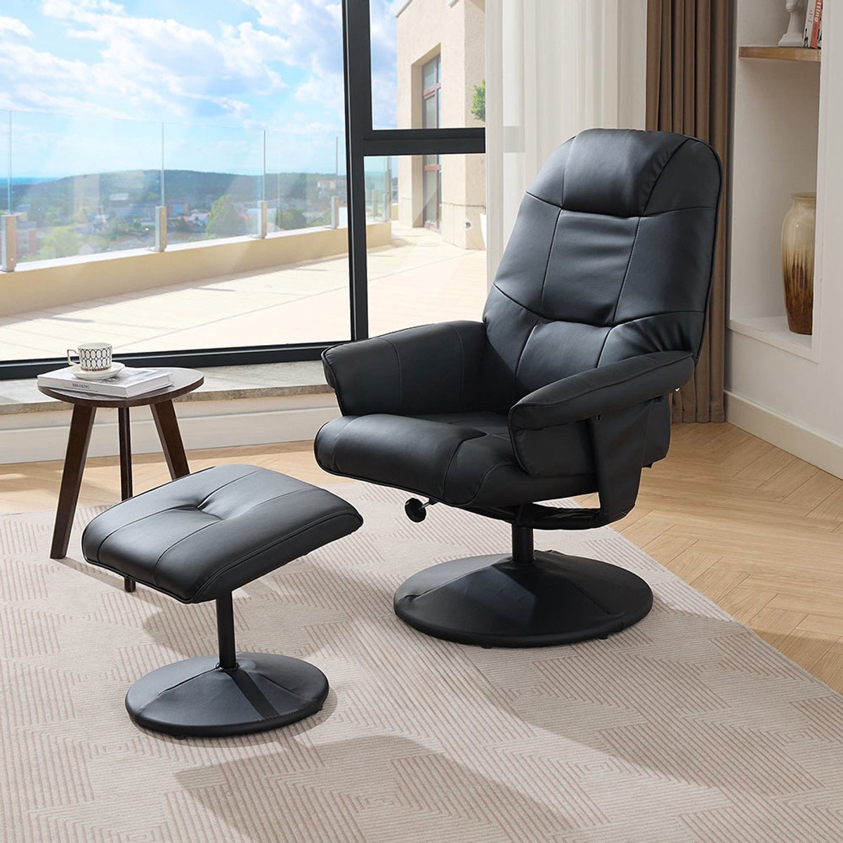 Pugsdrly Massagefauteuil met verstelbare rugleuning, verwarming en voetensteun, relax-tv-fauteuil van PU-stof, 360° draaibaar, zwart