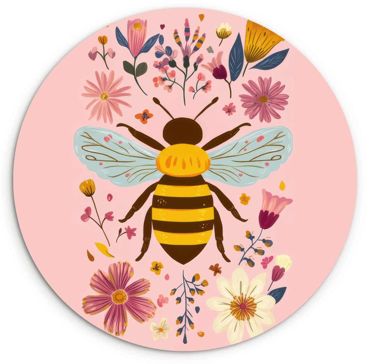 WallCircle Wandcirkel 120x120 cm - Muurcirkel Bij - Geel - Bloemen - Kleurrijk - Muurdecoratie woonkamer - Wanddecoratie slaapkamer - Kamer decoratie accessoires - Ronde schilderijen Bij - Bloemen