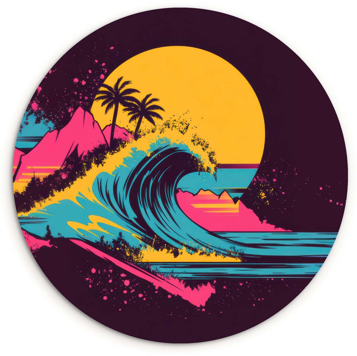 WallCircle Wandcirkel 90x90 cm - Muurcirkel Golf - Kleurrijk - Zon - Palmbomen - Muurdecoratie woonkamer - Wanddecoratie slaapkamer - Kamer decoratie accessoires - Ronde schilderijen Golf - Zon - Palmbomen