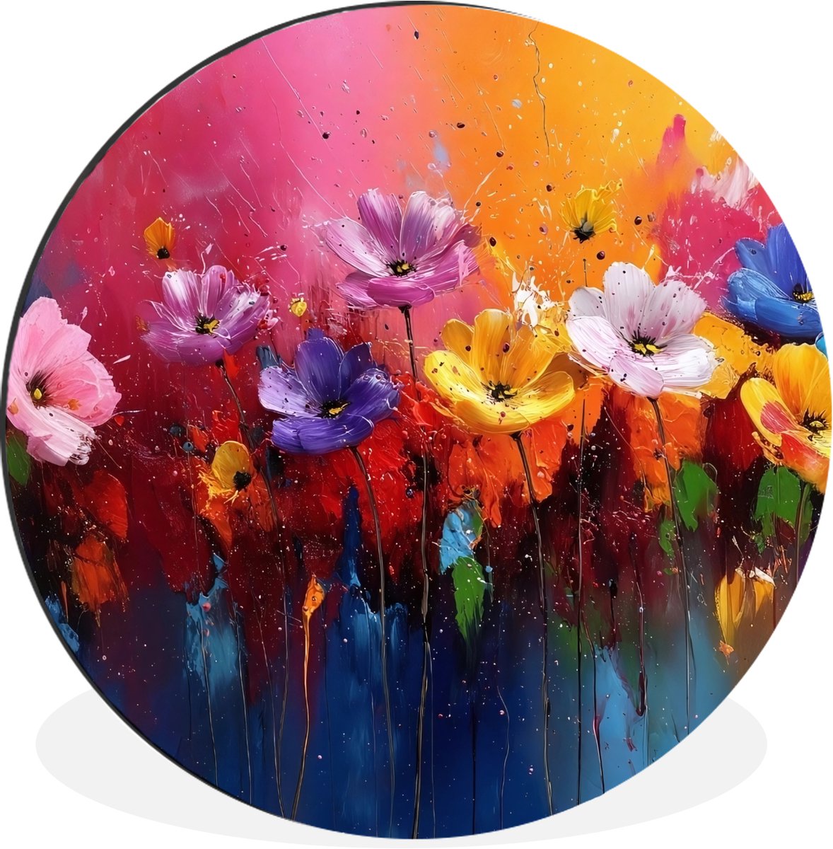 WallCircle - Wandcirkel - Muurcirkel - Fantasiebloemen - Verf - Speels - Aluminium - Dibond - 60x60 cm - Binnen en Buiten