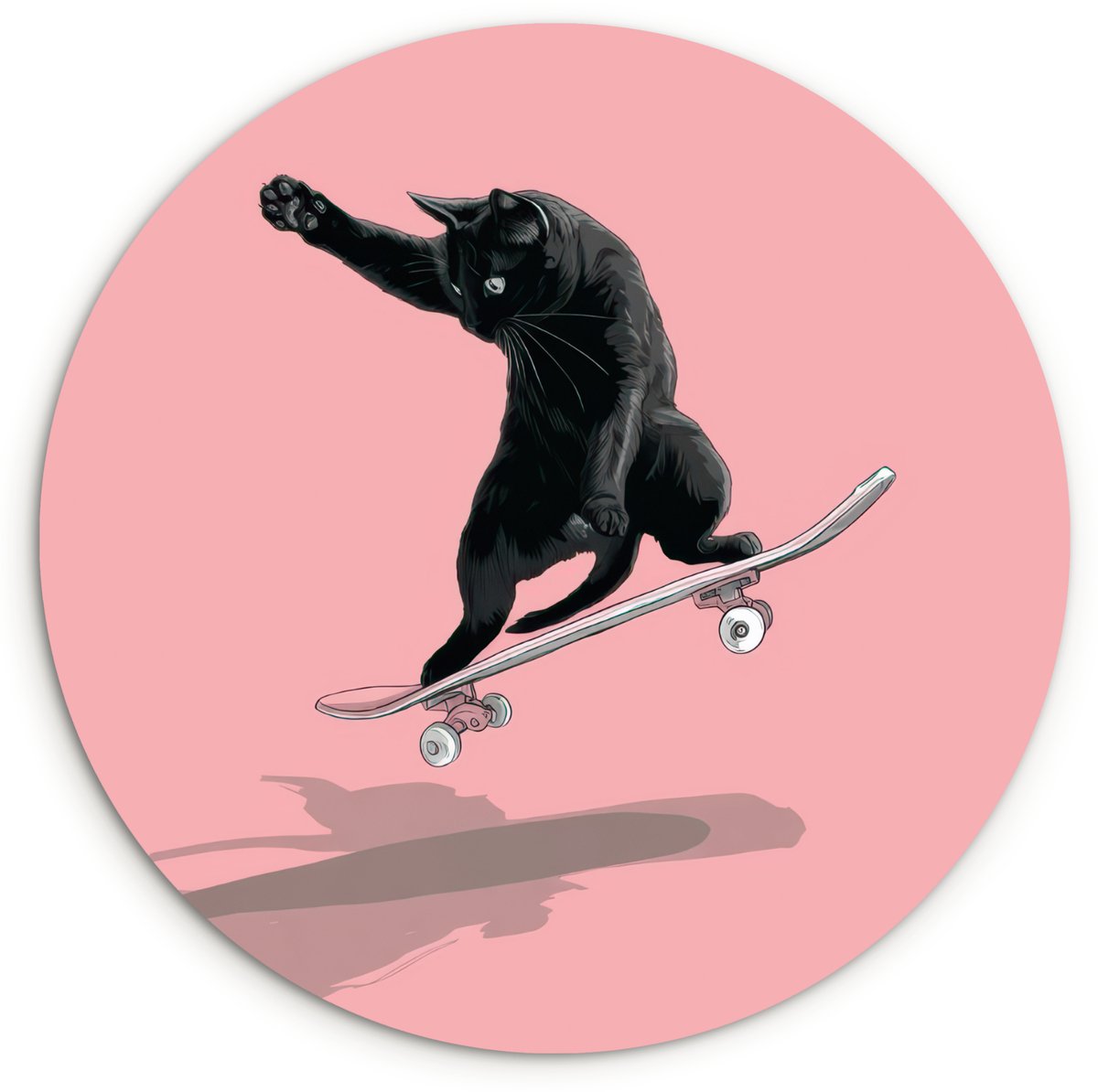 WallCircle Wandcirkel 90x90 cm - Muurcirkel Kat - Skateboard - Roze - Muurdecoratie woonkamer - Wanddecoratie slaapkamer - Kamer decoratie accessoires - Ronde schilderijen