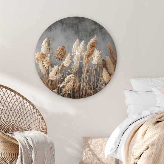 WallCircle® Wandcirkel 90x90 cm - Muurcirkel Gedroogde Veldbloemen - Grijs - Beton - Muurdecoratie woonkamer - Wanddecoratie slaapkamer - Kamer decoratie accessoires - Ronde schilderijen