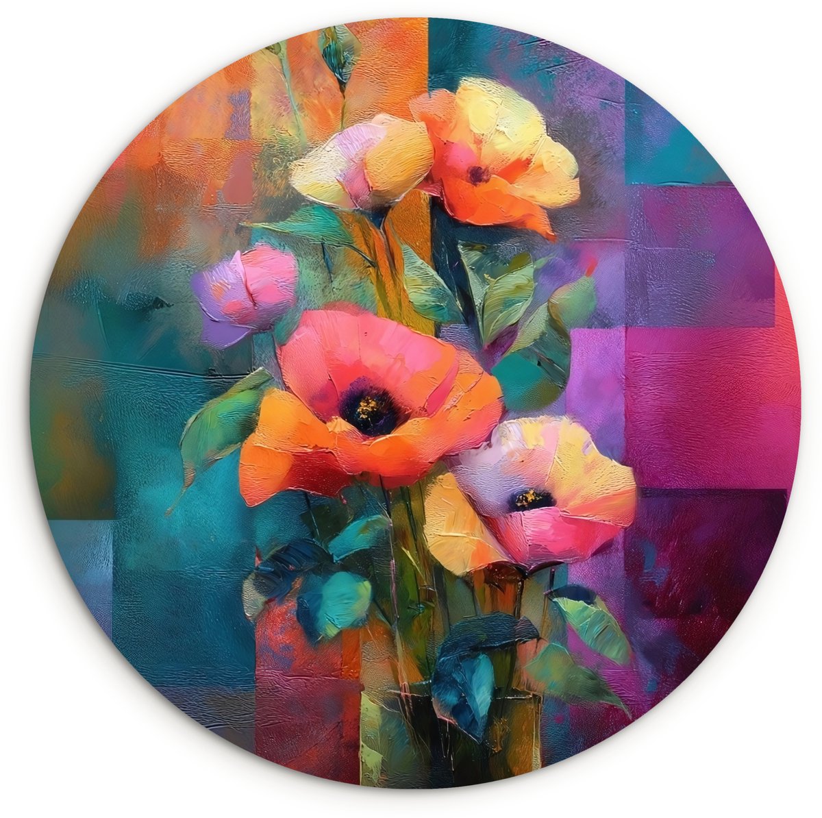 WallCircle® Wandcirkel 140x140 cm - Muurcirkel Geometrische kleurvlaken - Modern - Fantasiebloemen - Muurdecoratie woonkamer - Wanddecoratie slaapkamer - Kamer decoratie accessoires - Ronde schilderijen