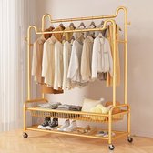 Eleganca Kledingrek XXL - H170 x B150 x D45 cm - Garderoberek op Wieltjes - Dressboy - Kledingstang - Kledingrek met Schoenenplank - Garderoberek met Ophanghaken - Kledingrek dubbel - Metaal - Goud