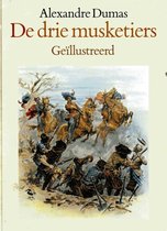 Boekomslag 'De drie musketiers' met een illustratie van een veldslag te paard.