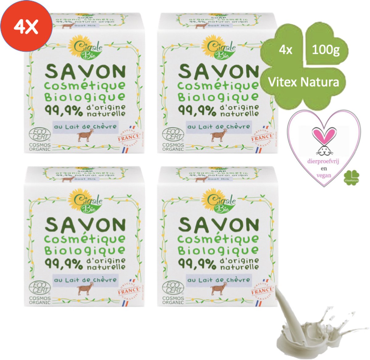 Cigale Bio, Biologische geiten melk zeep 4x100g. Zonder conserveermiddel. Verlichtend voor eczeem, psoriasis, dermatitis. Diervriendelijk