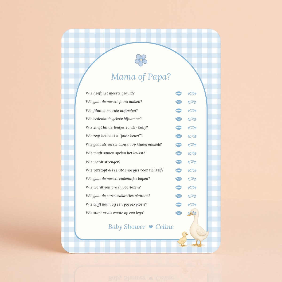 Gepersonaliseerde Babyshower invulkaarten - Mama of Papa - Gingham Blauw met Gansje - 20 Stuks - Babyshower Cadeau