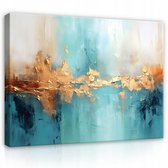WALLARENA - Canvas schilderij - 100x70 cm - abstractie in goud en blauw voor grote woonkamer