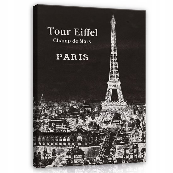Zwart-wit canvas 'Tour Eiffel Champ de Mars PARIS' op een witte achtergrond.