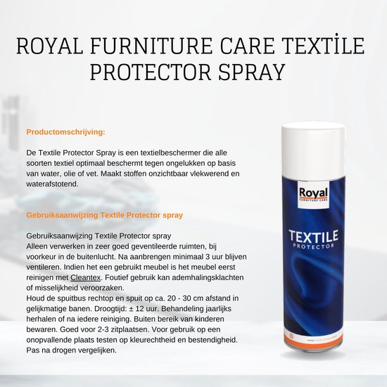 Tekstpagina over Royal Furniture Care Textile Protector Spray met een productafbeelding.
