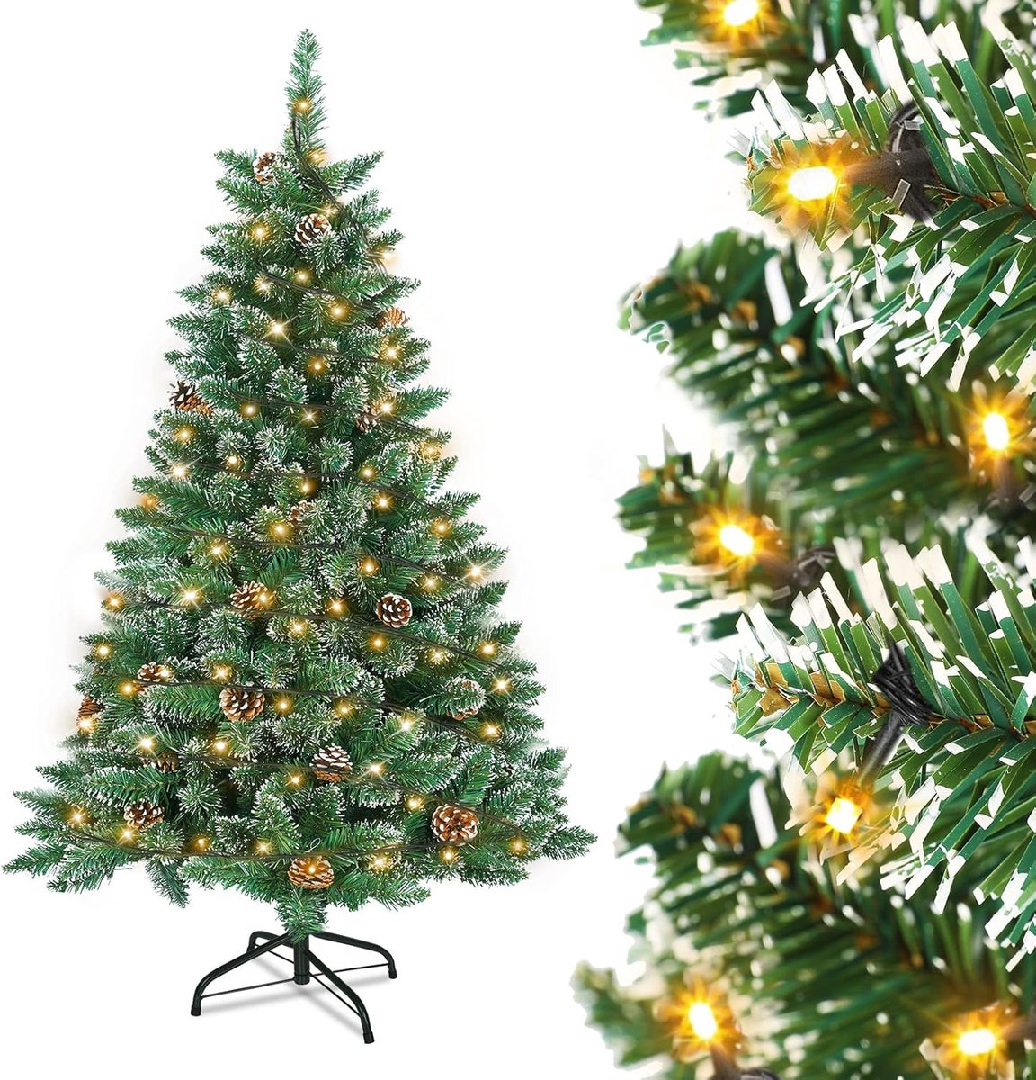 Kunstkerstboom met verlichting, 120cm, sneeuw en dennenappels, edele spar, snel te monteren, inclusief kerstboomstandaard.