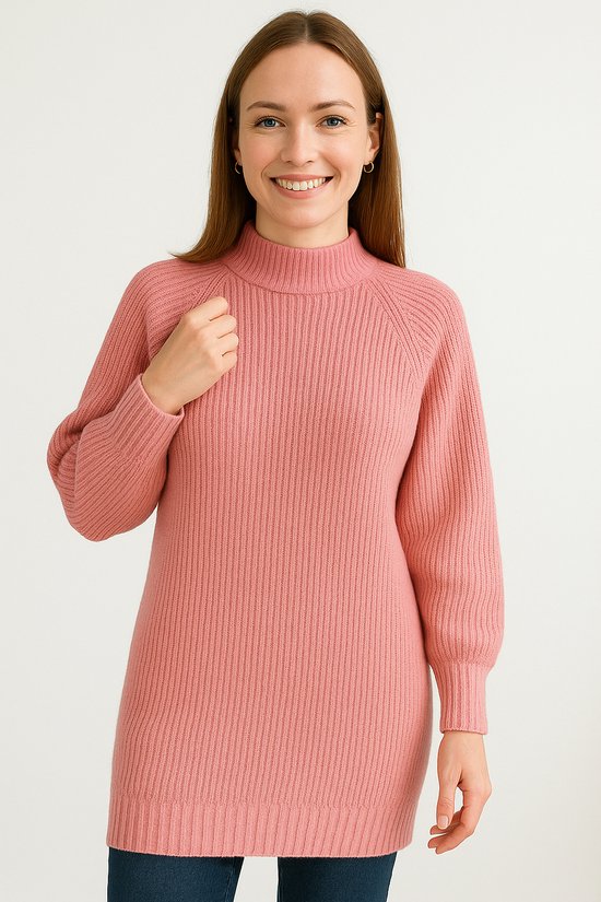 SUNMOOL Pull mi-long en maille - Pull femme - Pull côtelé - Pull chaud - Rose - Taille : L