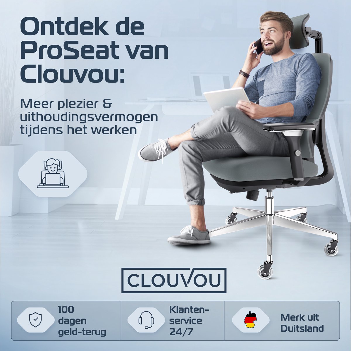 CLOUVOU ProSeat Ergonomische Bureaustoel Antraciet met 4D - afbeelding 2