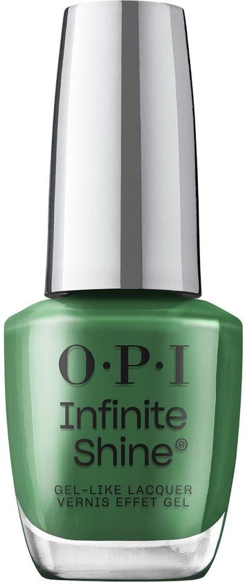 Flesje OPI Infinite Shine gel-achtige nagellak in diepgroen met zilveren dop.