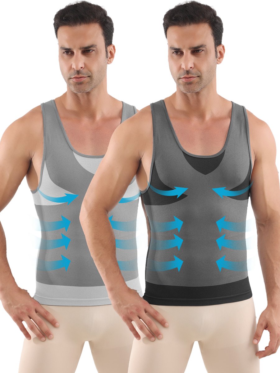 MEETHOO Corrigerend Hemd Mannen -2 Stuks - Body Buik Shapewear Shirt - Slim Waist Shaper - Mode - Body Shaper - Mouwloos-Zwart + Grijs-XXL