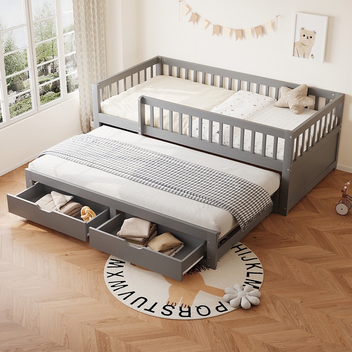 Komhtom Slaapbank van massief hout 90*200 cm, volledig beklede veiligheidsrail, uitschuifbaar bed met 2 lades eronder, met lattenbodem, kinderbed, tienerbed, extra bed voor volwassenen, grijs