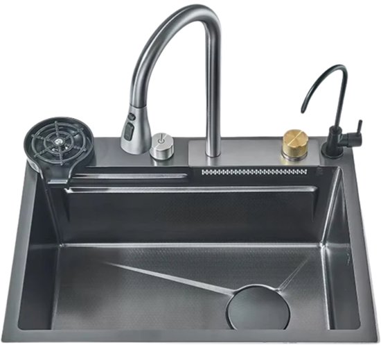 Foto: Paco goederen wastafel met waterval kraanset van rvs keuken accesoires aanrecht organizer bekerwasmachine kraanset spoelbak voor keuken zeepdispenser