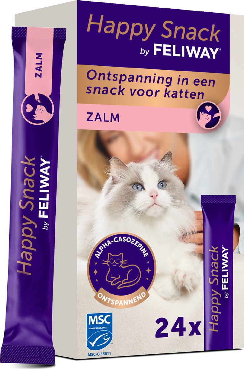 Happy Snack by FELIWAY zalmsmaak 24 sticks - Heerlijke romige kattensnack met ontspannend effect - Helpt jouw kat zich rustiger te voelen en bevordert het emotionele welzijn