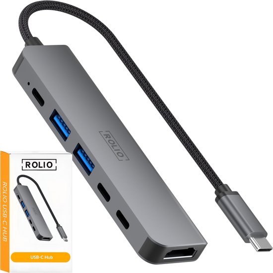 Rolio USB C Hub - 1x HDMI 4K - 3x USB-C - 2x USB-A - USB Splitter - Geschikt voor Macbook Pro / Air / Windows / Universeel