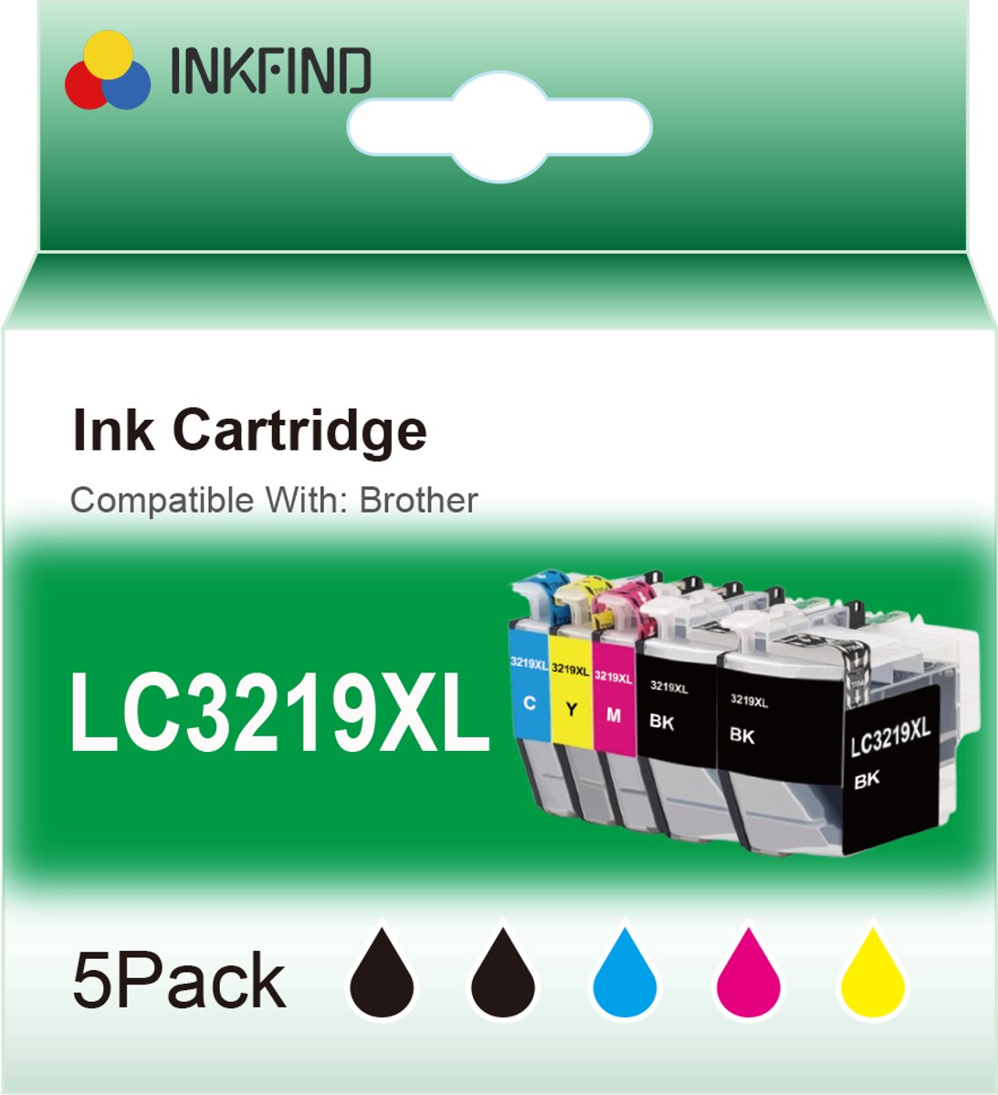 INKFIND LC3219XL inktcartridge voor BrotherLC3219 LC3217 Brother LC3219 LC-3217 LC-3219XL Brother3219 3217 3219 multipack van 5 stuks (2 x zwart, 1 x cyaan, 1 x magenta, 1 x geel) Brother MFC-J5330 DW J5730DW J5930DW J6530DW J6535DW J6930DW J6935DW