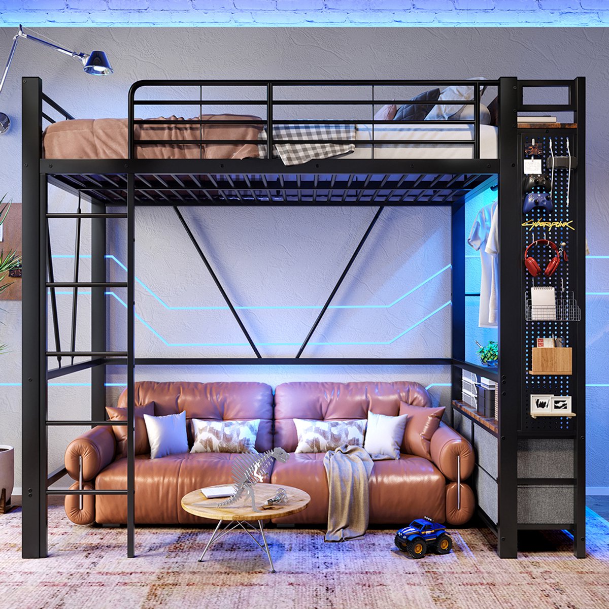 KOMHTOM Hoogslaper, 90 x 200 cm, ijzeren frame, met droogrek, met planken, 4 lades, met USB+TYPE-C-aansluiting, ledstrip, leuning, ladder, met plank met gaten, zonder matras, zwart