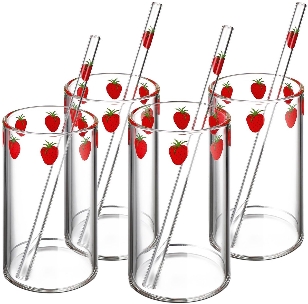 Aardbei-drinkglazen Set - Met Rietje - 4 stuks