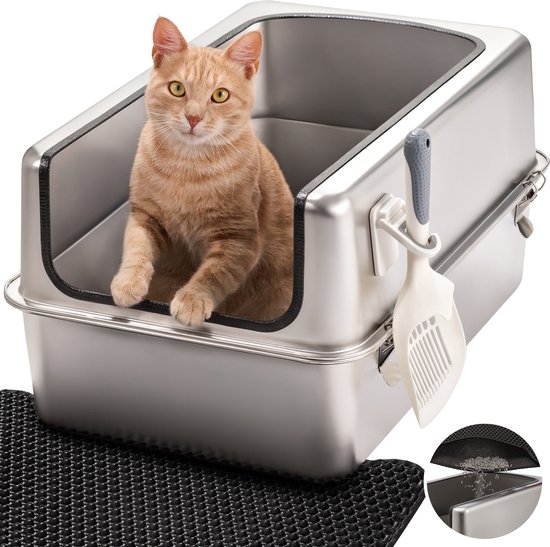 Kattenbak RVS XXL – Gemakkelijk schoon te maken – Geurvrij, Lekvrij en Vlekvrij – 38L Inhoud – Roestvrijstalen Kattentoilet met hoge rand – Grote Kattenbak met Schep & Gritopvangmat – 60 × 40 × 32 cm