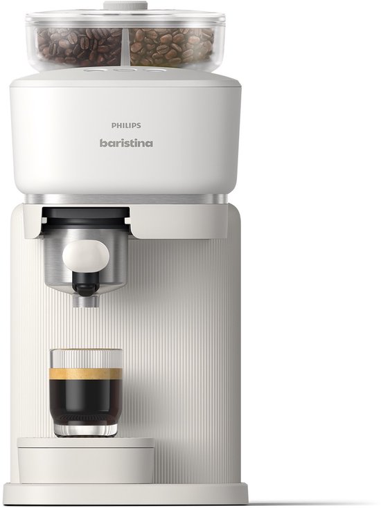Vergelijking witte Philips Baristina met 1 bonensoort en met Bean Swap voor 2 bonensoorten.