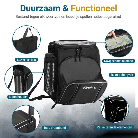 Zwarte Vebics fiets stuurtas met telefoonhouder, bidonhouder, reflecterende elementen en draagband.