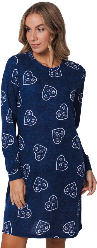 Blauw nachthemd met lange mouwen en een all-over print van witte harten met bloemmotieven.