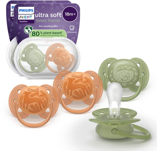 Philips Avent ultra soft speentjes, 18m+, forest friends. Twee in perzikoranje met herten, twee in mintgroen met een vos.