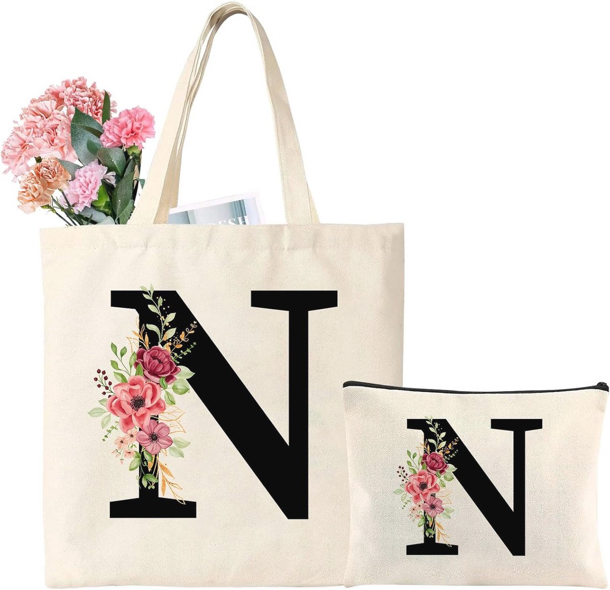 Gepersonaliseerde katoenen tas met initialen voor vrouwen - ideale boodschappentas en make-uptas
