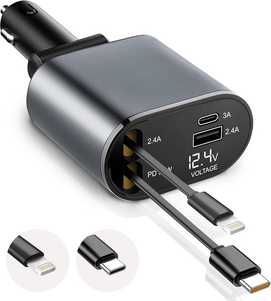 Autolader - 4-in-1 auto-snellader voor USB C, intrekbare kabel (31,5") en 2 oplaadpoorten - sigarettenaanstekeradapter - 2025 Nieuw - Zilver