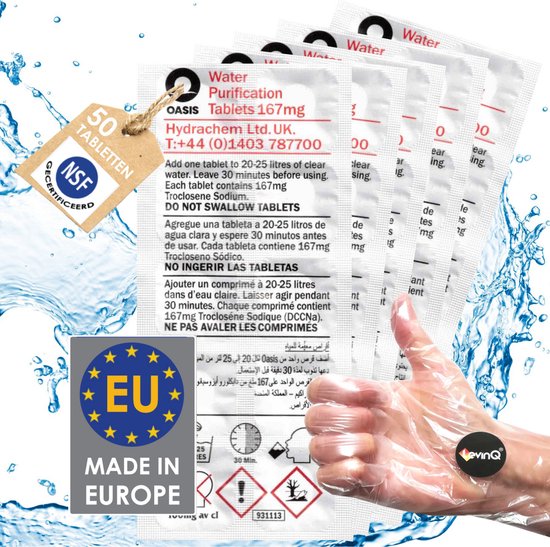 Verpakking met 50 Oasis Water Purification Tablets 167mg, goed voor 25L per tablet. NSF en Made in Europe certificering.