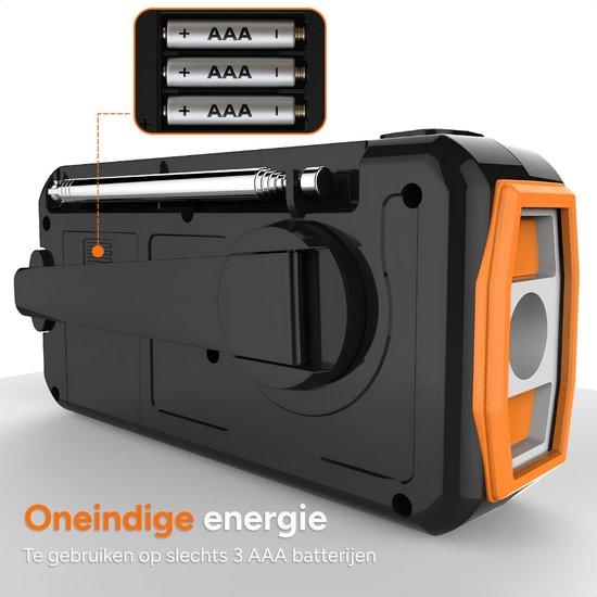 Noodradio - DAB+ - Solar Opwindbaar - Powerbank - Draagbare Radio - Noodpakket - Zaklamp - Opladen en op Batterijen - Bluetooth - Volledig Nederlands