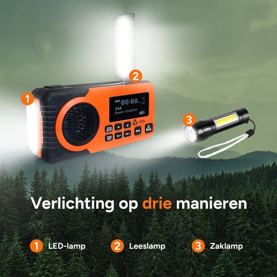 Noodradio - DAB+ - Solar Opwindbaar - Powerbank - Draagbare Radio - Noodpakket - Zaklamp - Opladen en op Batterijen - Bluetooth - Volledig Nederlands