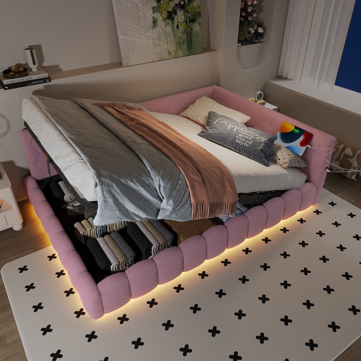 Merax Ligbed - 140x200cm - slaapbank - zonder matras - LED-verlichting - USB-poort - Type-C - imitatiefleece - roze
