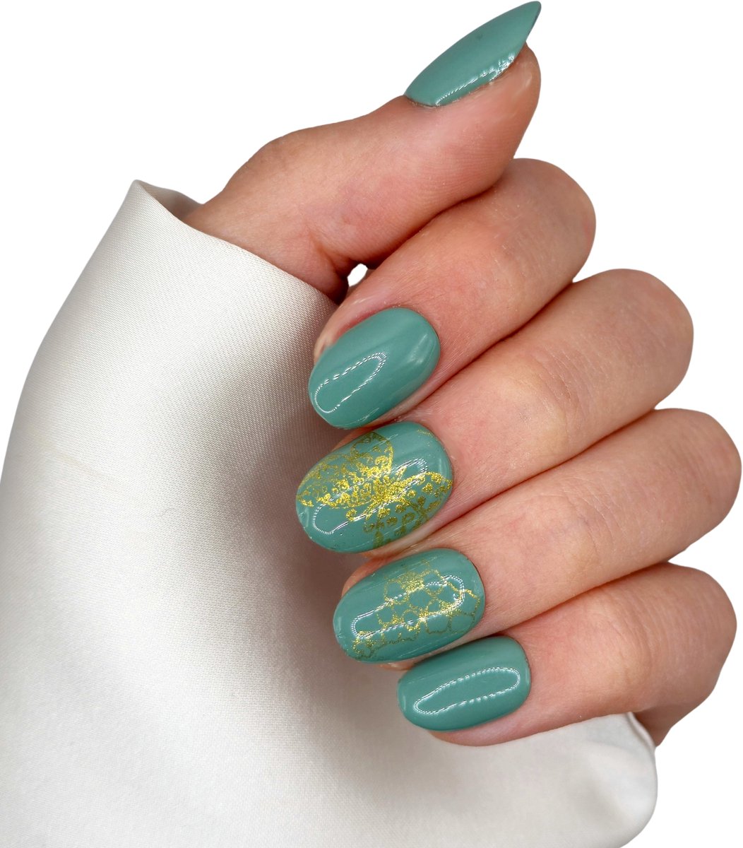 SD Press on Nails - B-39 - Plaknagels - Nagelset 20 Nagels - Groengrijs goud - Gellak - Nagellak - Korte XS almond nagels - Nepnagels met Lijm - Kunstnagels - Nail Art - Handmade - Valse nagels - Nagelvijl - Accessoires