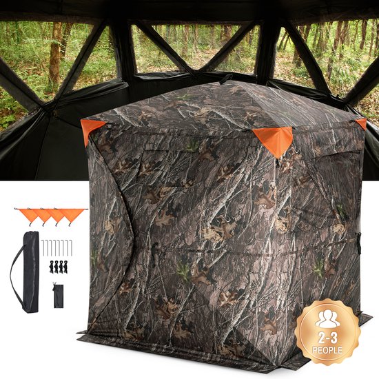 270° Transparant Jachthut, 2-3 Persoons Pop-Up Hertenhut met Draagtas, Draagbare Tent, 3 Horizontale Ramen voor De Jacht op Kalkoenen en Herten, Camouflagestof — afbeelding 2