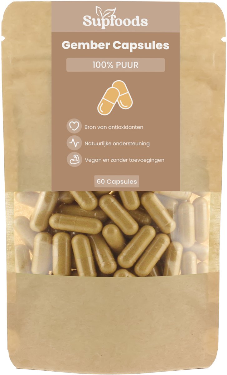Goedkoopste Gember Capsules 100 Puur - 60 Capsules - Gember voor Ondersteuning van Gezondheid en Energie - Ideaal als Aanvulling op Gemberthee of Als Dagelijks Supplement - 500mg per Capsule