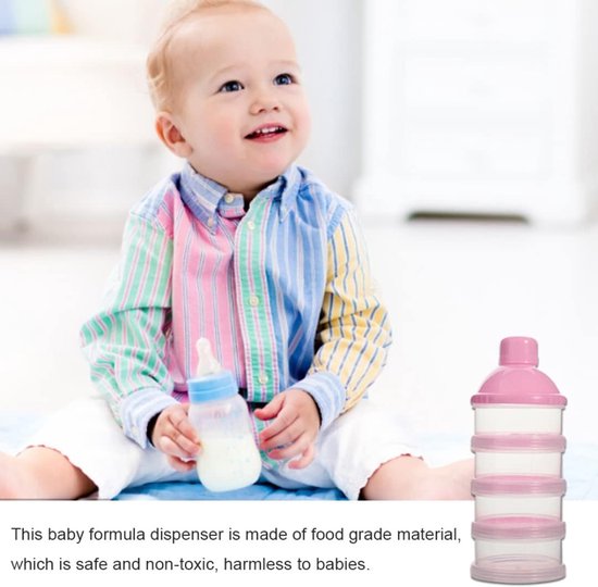 Bébé portant une blouse à rayures multicolores, assis avec un biberon, à côté d'un distributeur de lait en poudre rose.