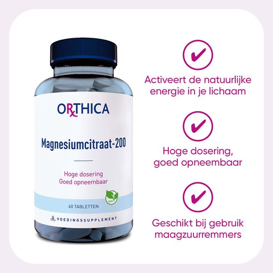 Orthica Magnesiumcitraat-200, 60 tabletten. Verpakking met blauwe dop. Hoge dosering, goed opneembaar.