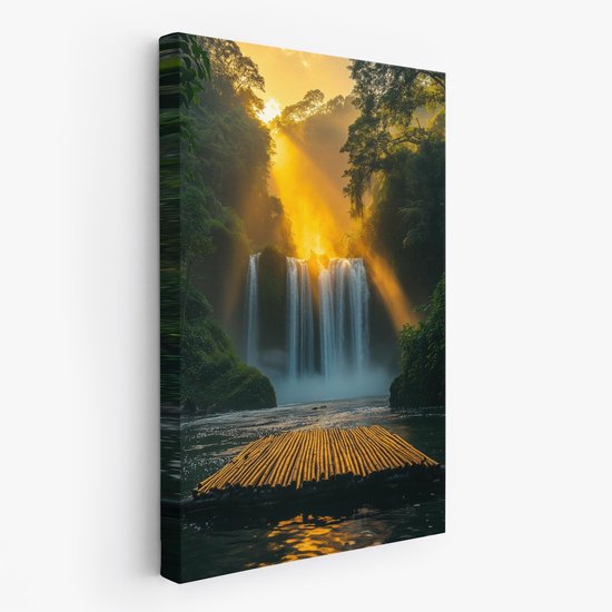 FineArtia - Rustige waterval met bootje - Canvas Schilderij - 60 x 90 cm - Woonkamer Decoratie - Bruin;Goud;Oranje - Slaapkamer Schilderij - Wanddecoratie