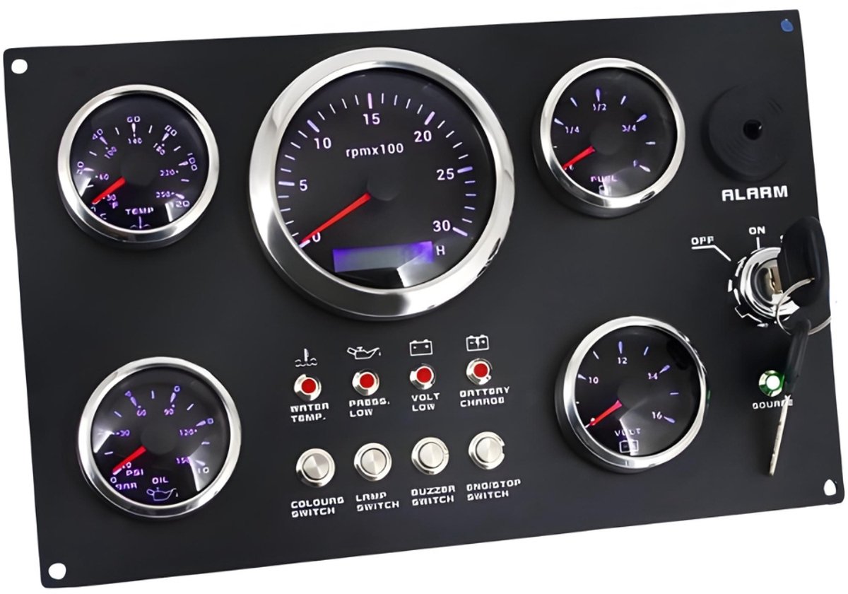 Lumeon 12 V Instrumentenpaneel voor Boot met Indicatoren voor Oliepeil, Watertemperatuur, Voltage, Brandstofniveau en Toerenteller - Compleet Schakelpaneel"