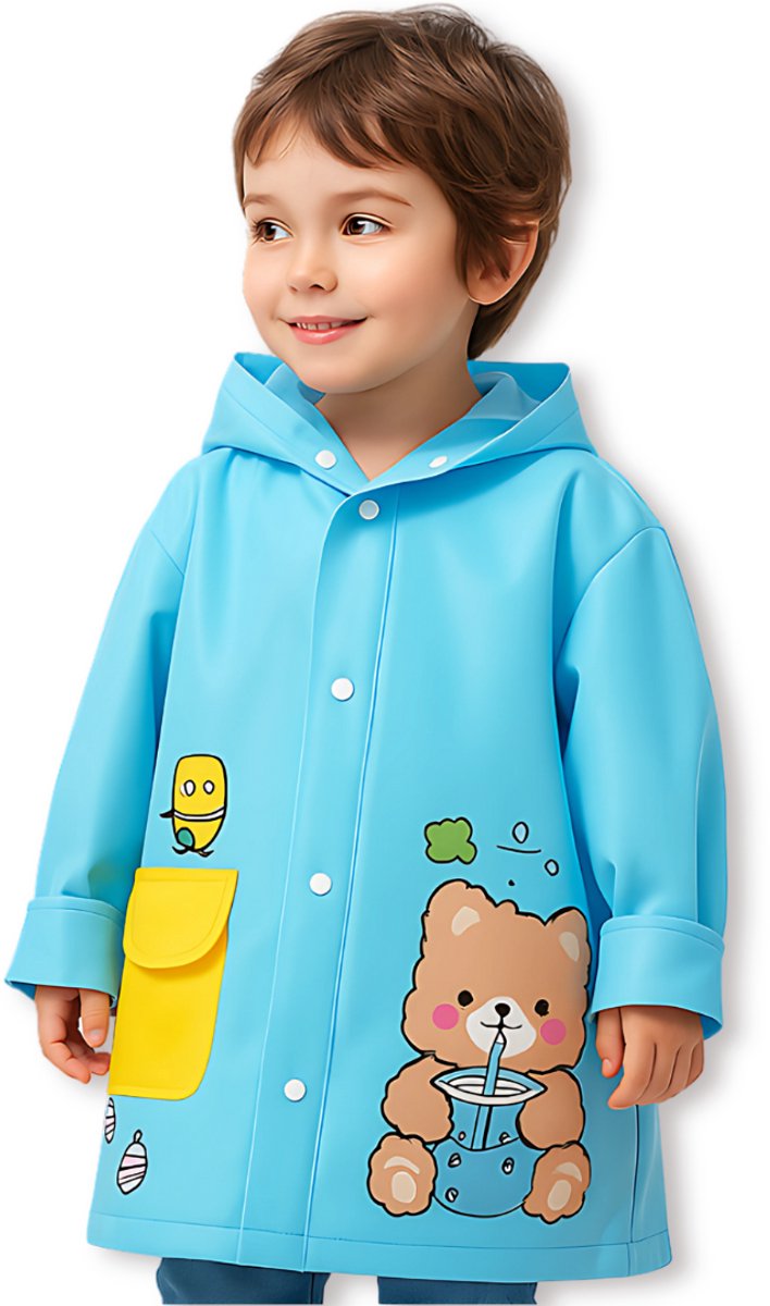 BoefieBoef Blauwe Kinder Regenjas Beer – L 4 tot 8 jaar – Kleuter RegenPoncho – Premium EVA Waterdicht – Regenmantel - Regen Winter School Buitenspelen – Knutseljas – Cadeau Tip voor Meisjes & Jongens – lengte 105-125 cm
